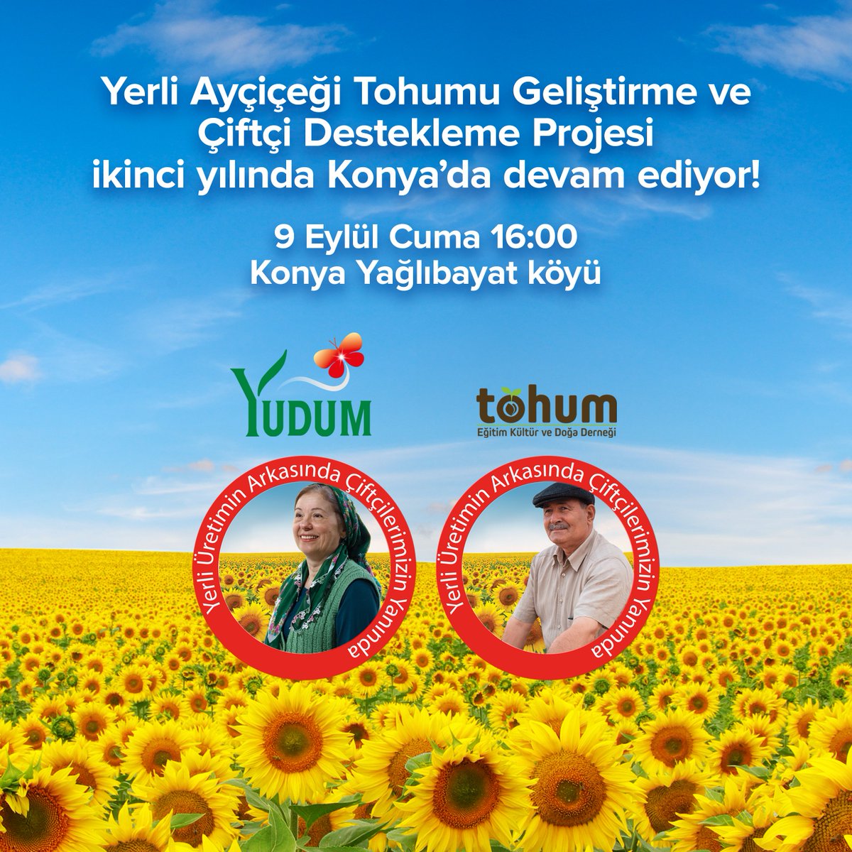 Yerli Ayçiçeği Tohumu Geliştirme ve Çiftçi Destekleme Projesi ikinci yılında Konya’da devam ediyor!

Tarih: 9 Eylül Cuma 16:00
Yer: Konya Yağlıbayat köyü
.
.
.
#tohumderneği #yudum #yağlıbayat #yerliayçiçeği #çiftçidestek