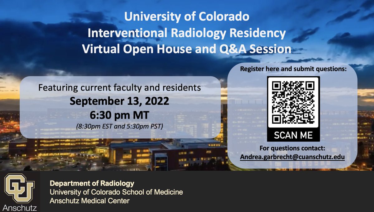 Interested in the #IRad residency @IrColorado? Join us for a Virtual Q&A Session 9/13 at 6:30 PM MT. Be sure to register and submit questions in advance! #MedStudentTwitter #MedTwitter #NRMP #Radiology #match2023 #radres