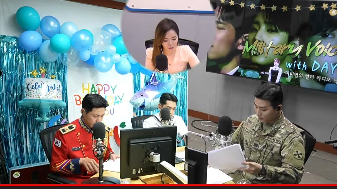 aeraram's tweet photo. Lu pernah gak bayangin ada idol wamil beda-beda unit military, pas grupnya anniversary diundang ke acara radio militer trus radio militernya ikut ngerayain anniv grupnya dengan decor ulang tahun gini?? Ga pernah bayangin tapi beneran ADA RILMIN. DAY6 YALL https://t.co/vd21tsjPGN