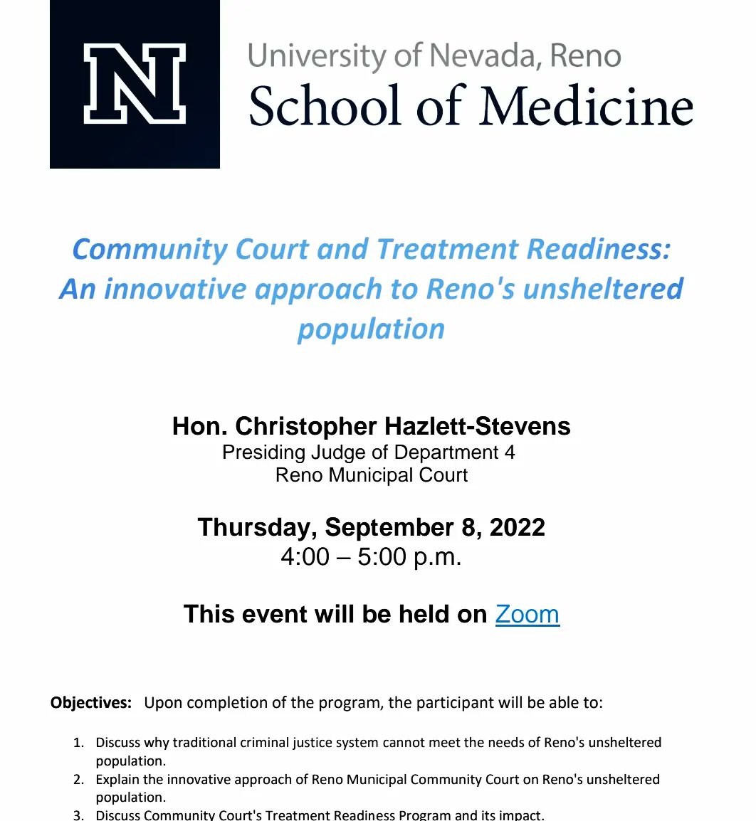 UNRPsychiatry's tweet photo. Join us for a special presentation by Judge Hazlett-Stevens, who will be discussing Community Court and the Treatment Readiness Program, with an emphasis on the unsheltered population of Reno.

September 8, 2022, 4:00 to 5:30 PM PST

Zoom link to be provided on day of event. https://t.co/VDZjsA3w15