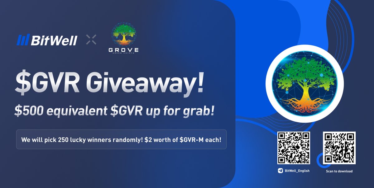 🎉#Airdrop Coming! 
❤️‍🔥$500 worth of $GVR #Giveaway ! 

1⃣Follow <a href="/BitwellGlobal/">BitWell</a>&amp; <a href="/GroveToken/">GroveCoin Official</a> 
2⃣Like&amp;RT&amp;Tag 3 frds
3⃣Join t.me/BitWell_English
4⃣Fill in forms.gle/yxTAUnqR84VeH3…

✨ 250 winners receive $2 each!
⏰ Ends at 11 AM SGT Sep 14th

#BitWell #GroveToken #Giveaway #GVR