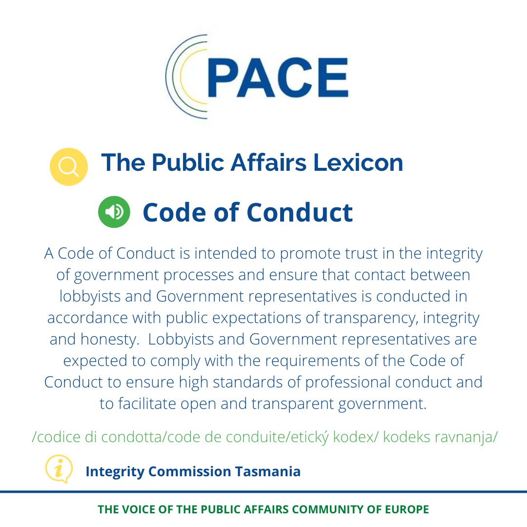pace_eu's tweet photo. In our profession, we encourage that #lobbists follow a code of conduct in order to achieve #transparency and good practice in public affairs. For this purpose, this week we share the definition of code of conduct.

#lexicon #pace #ethics #publicaffairs #codeofconduct #lobbying https://t.co/ceFBzmvLg2