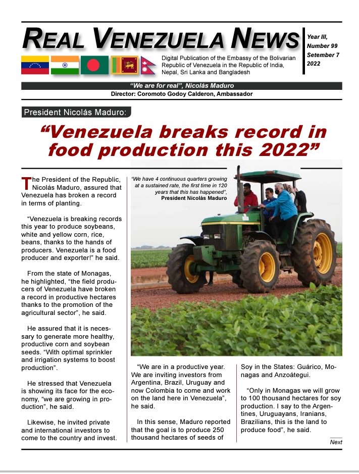 Embaveindia_ve's tweet photo. #07september Real Venezuela News Digital Publication of the Embassy of the Bolivarian Republic of Venezuela in the Republic of India, Nepal, Sri Lanka and Bangladesh. Num 99, September 07, 2022.
More info:https://t.co/DkRR1fK1SH https://t.co/nnlmyTix8v