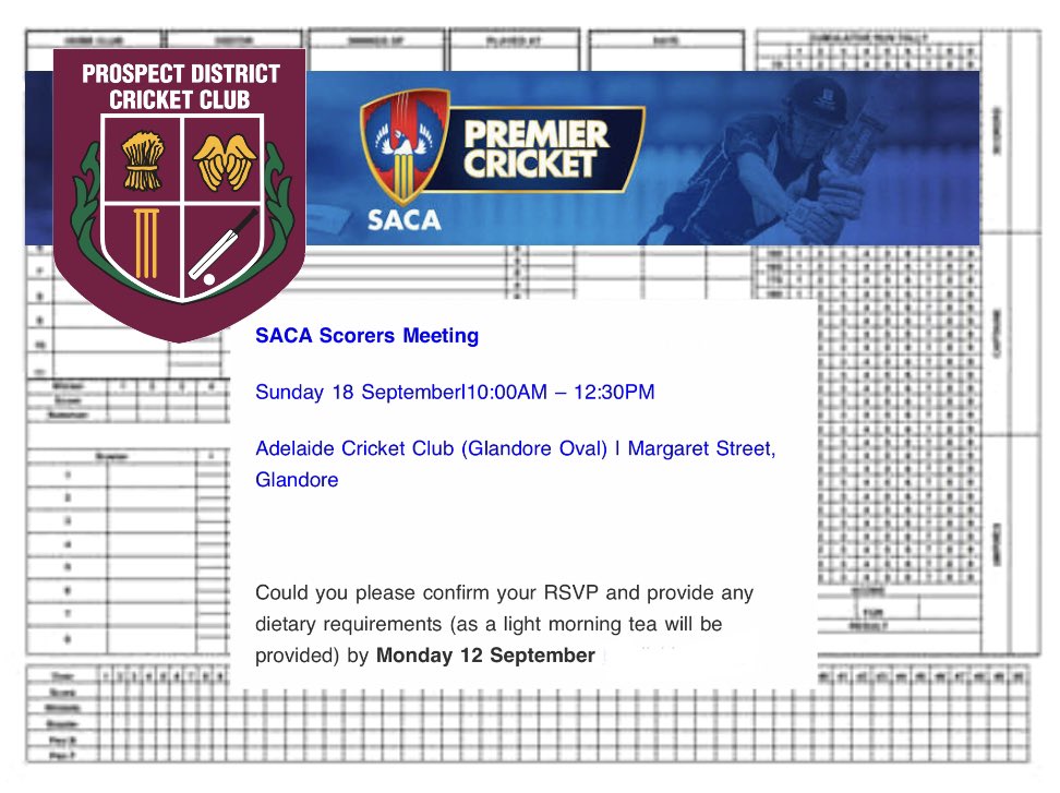 Day 7 and today we provide an invite to attend the SACA Scorers meeting Sunday 18 September at Adel. cricket Club. Please RSVP and provide any dietary requirements (as a light morning tea will be provided) by Monday 12 September by clicking here
docs.google.com/forms/d/e/1FAI…

❤️🏴‍☠️🏏