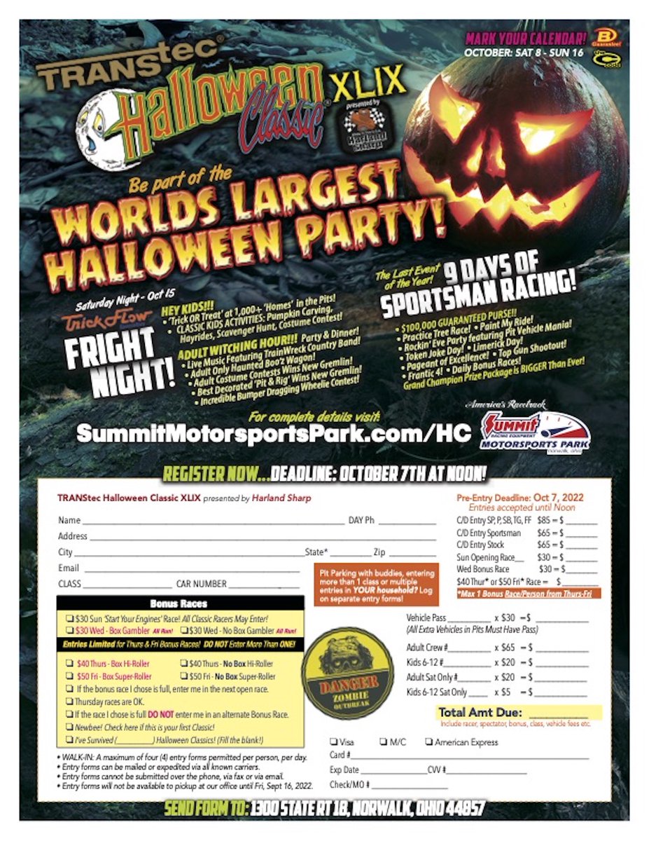 Get into the spirit of the season @ the TransTec Halloween Classic presented by Harland Sharp, Oct. 8-16 @ Summit Motorsports Park. For registration information, click summitmotorsportspark.com/.../723bea67-0…...