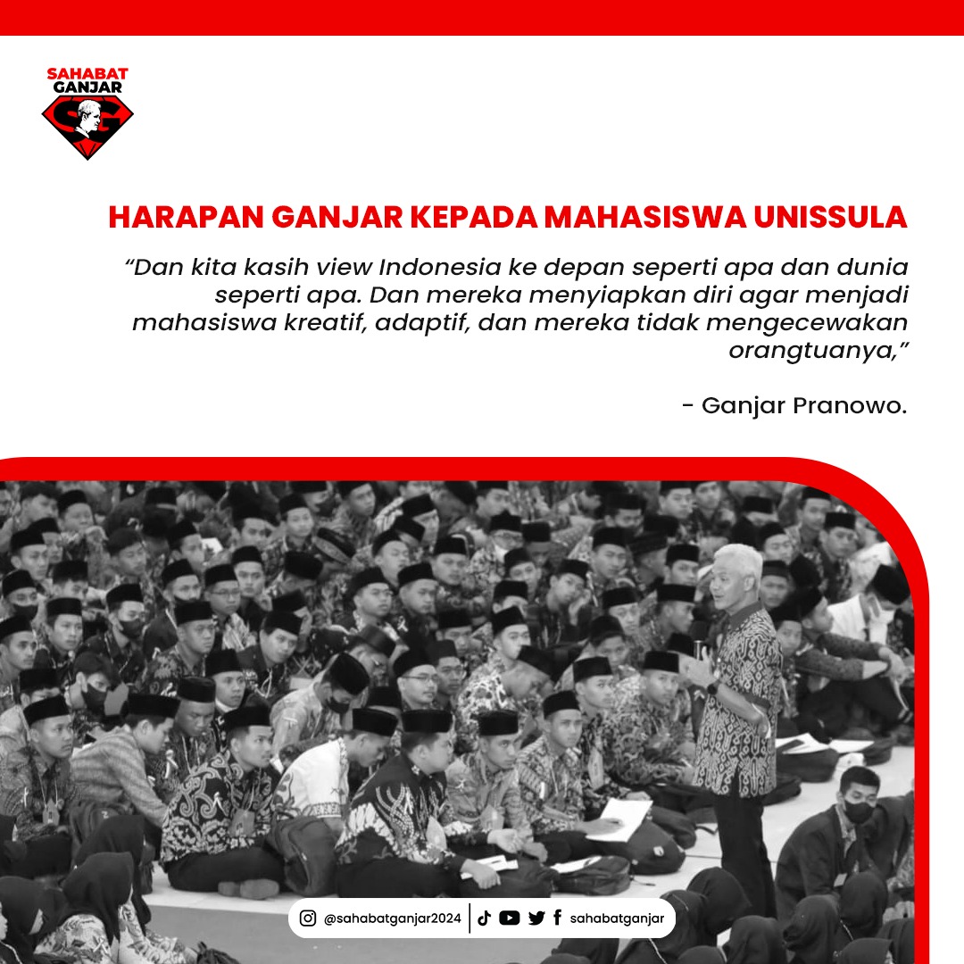 sahabatganjar's tweet photo. Suasana berubah riuh tepuk tangan saat orang nomor satu di Jateng itu memasuki aula tempat acara Pekan Ta’aruf Unissula 2022.  Ganjar menyapa sejumlah mahasiswa sambil berjalan menuju panggung.

#SahabatGanjar #GanjarPranowo #Ganjar https://t.co/mj3WCweO6a