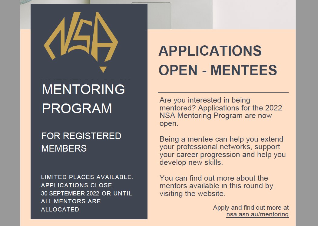 NSA (@nutsocaus) on Twitter photo Applications are now open for mentees to join the NSA Mentoring Program.
Our mentors are Registered Members who have a wealth of varied experience and valuable expertise.
Applications close COB 30th Sept or until all places are filled. 
Sign up here: nsa.asn.au/index.cfm//men… Applications are now open for mentees to join the NSA Mentoring Program.
Our mentors are Registered Members who have a wealth of varied experience and valuable expertise.
Applications close COB 30th Sept or until all places are filled. 
Sign up here: nsa.asn.au/index.cfm//men…
