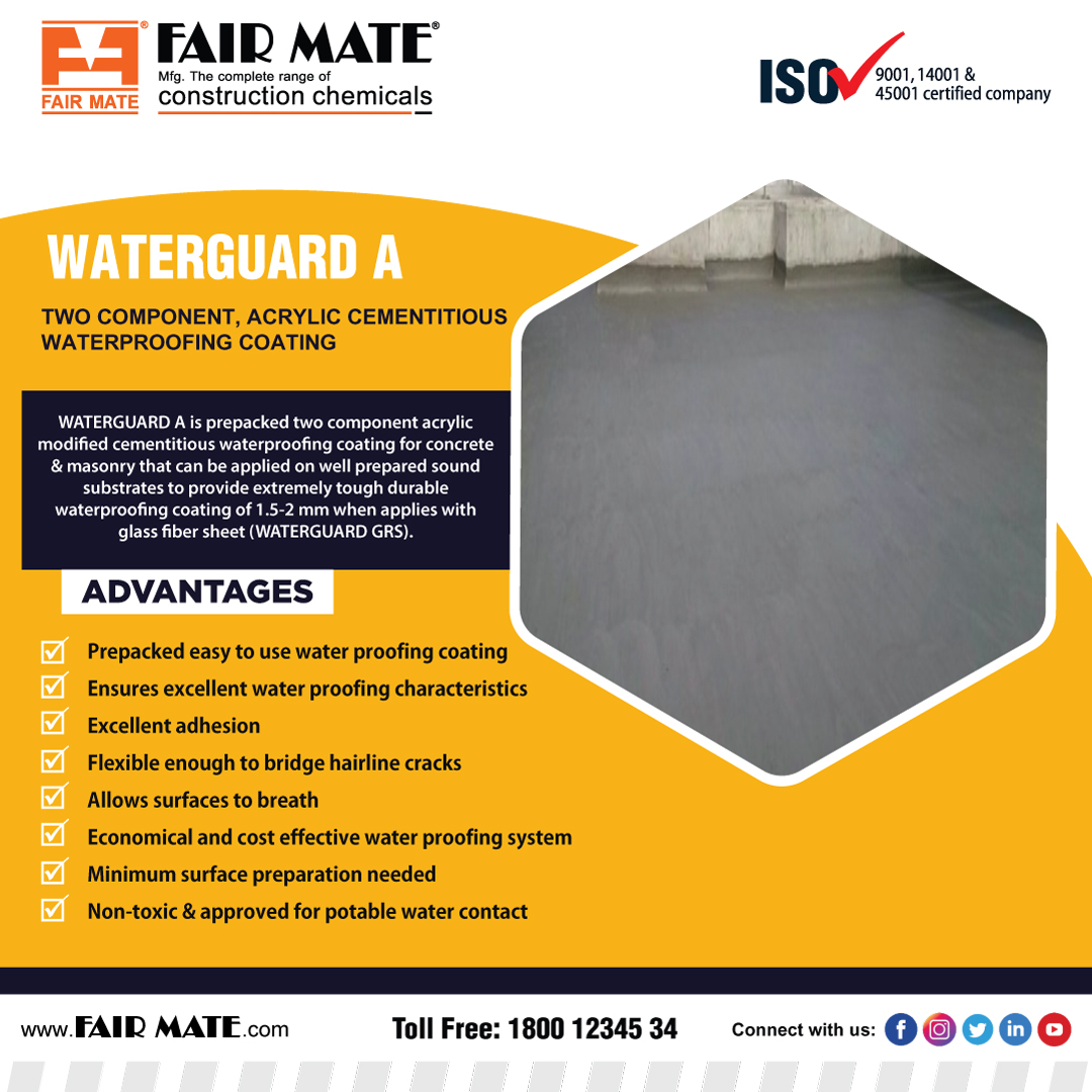 fair_mate's tweet photo. WATERGUARD A is prepacked two component acrylic modified cementitious waterproofing coating for concrete &amp; masonry that can be applied on well prepared sound substrates to provide extremely tough durable waterproofing coating of 1.5-2 mm.
#fairmate #construction_chemicals https://t.co/KhiaVoyxZH