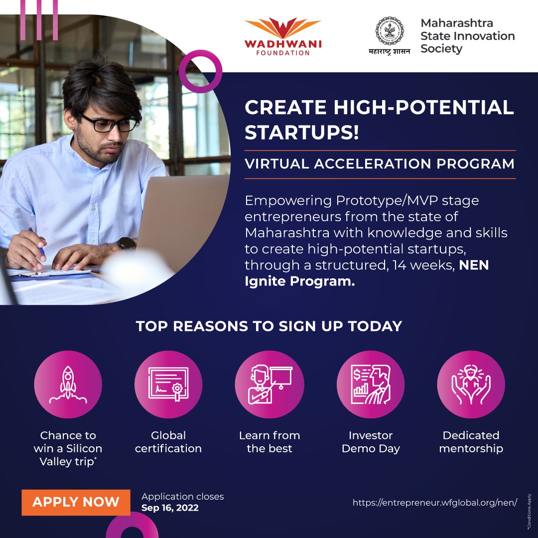 wadhwanif's tweet photo. 10 days to go!
Inviting applications for our 14-week NEN IGNITE Program for prototype/MVP stage #startups from #Maharashtra.
Apply now >  https://t.co/MdvcJti3nq
Why you MUST apply:
- Investor Demo Day
- Global certification
- Dedicated mentorship
#entrepreneurs #entrepreneurship https://t.co/bcgFuZbp30