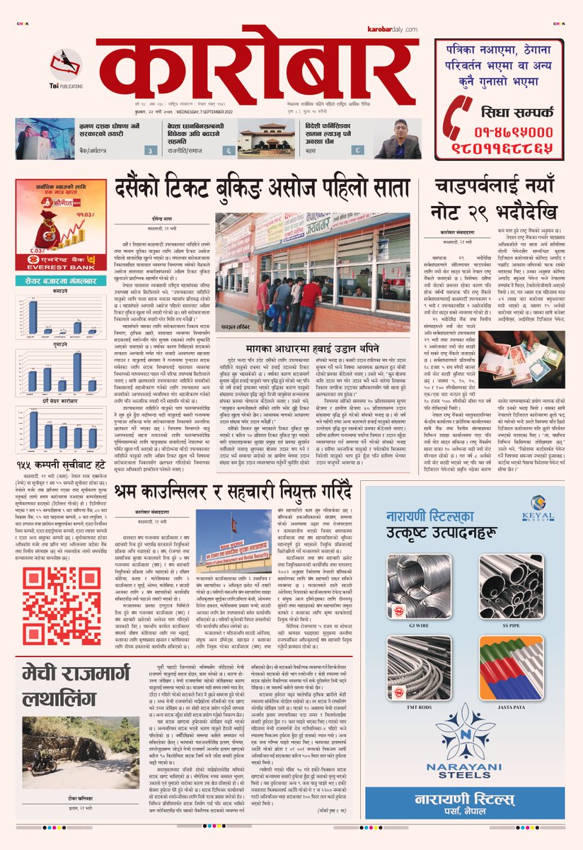 karobar_daily's tweet photo. @karobar_daily #FrontPage #DashainVibes #Festival @DepartmentRoads #MechiRoad #HomeGoing #Ticket #AOAN @hello_CAANepal @TIACAO2 @moudnepal @karobardaily @kchalise @NepalRastraBank #DigitalDashain @MoLESS_Nepal @MofaNepal #LabourAttache @ekarobar_daily @NepseStock #Delisting #BFIs https://t.co/rCMREFMWyk