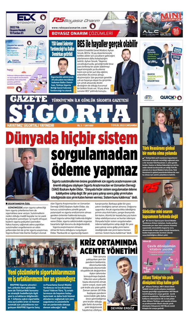 GAZETE SİGORTA'da BUGÜN 
Sigorta sektörünün ilk ve tek günlük dijital gazetesi GAZETE SİGORTA tüm dijital e-dergi platformlarında. Ücretsiz.
• Turkcell Dergilik
• Türk Telekom e-dergi
• Dijitalbasin.com' da