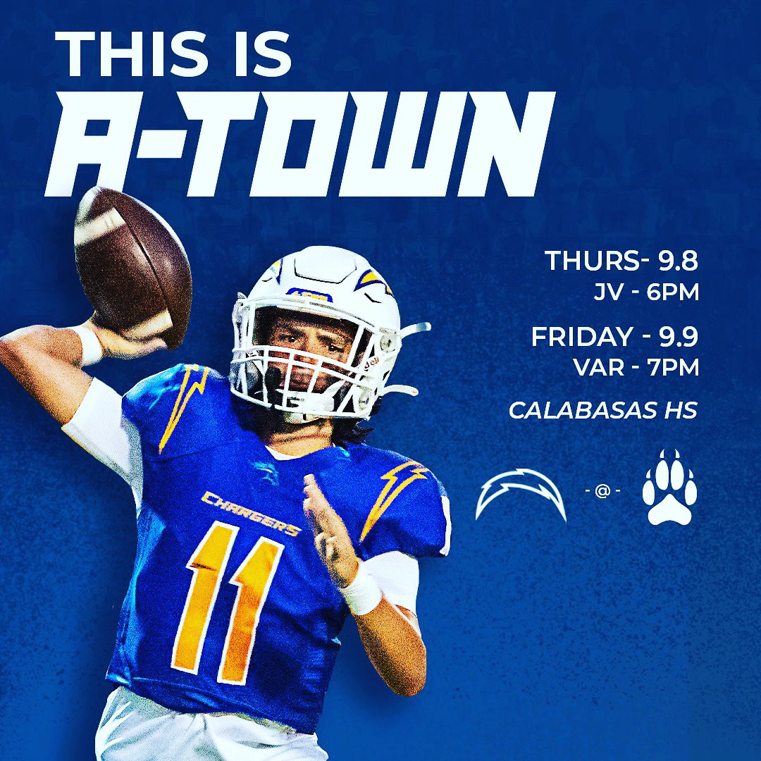 Atownfootball's tweet photo. Big road game Chargers at Calabasas - JV Thursday 6pm Varsity Friday 7pm.
Get your tickets now at https://t.co/Ay5qU0woTX Let’s show out A-Town! @CoachCroick @AHS_Chargers @TheAcornSports #BeLikeCarter #fridaynightlights #brickbybrick https://t.co/gL1FG15Nvb