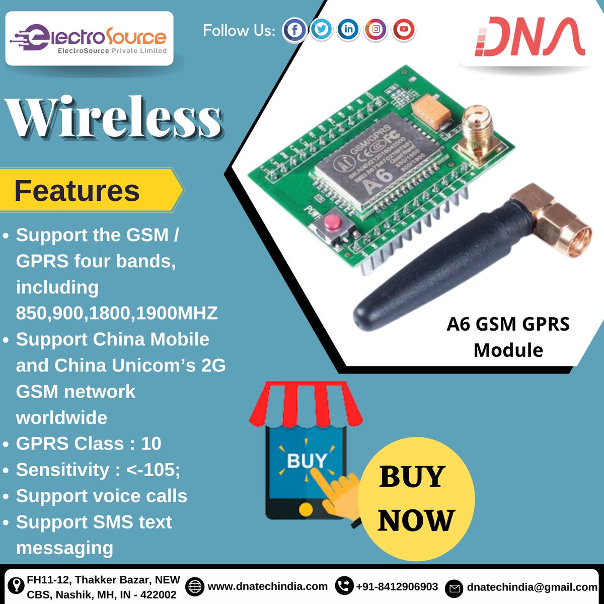 dnatechindia's tweet image. Wireless
A6 GSM GPRS Module
#wireless #a6gsm #gprsmodule #module #support #gsm #gprs #chinamobile #gprsclass #supportvoice #supportsms #electronicengineering #engineerproblems #electronicsprojects #mechanicalart #electronicslovers #nashikkar #nashikcity #nashikdiaries