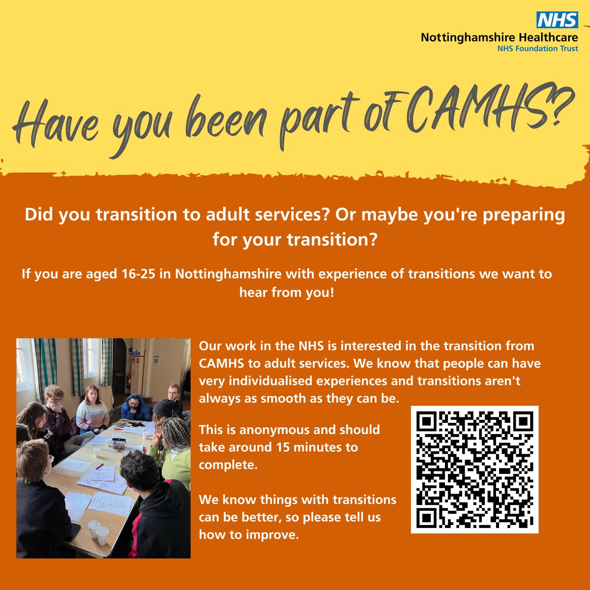 Nottinghamshire Healthcare (@nottshealthcare) on Twitter photo Have you ever been part of <a href="/CamhsNotts/">CAMHSNotts</a>? Did you move from CAMHS into adult services? If so we want to hear about your experiences of the move (your transition) - your feedback will help us improve services. You can have your say here: forms.gle/MH4R23ZdgPHEqQ… Have you ever been part of <a href="/CamhsNotts/">CAMHSNotts</a>? Did you move from CAMHS into adult services? If so we want to hear about your experiences of the move (your transition) - your feedback will help us improve services. You can have your say here: forms.gle/MH4R23ZdgPHEqQ…