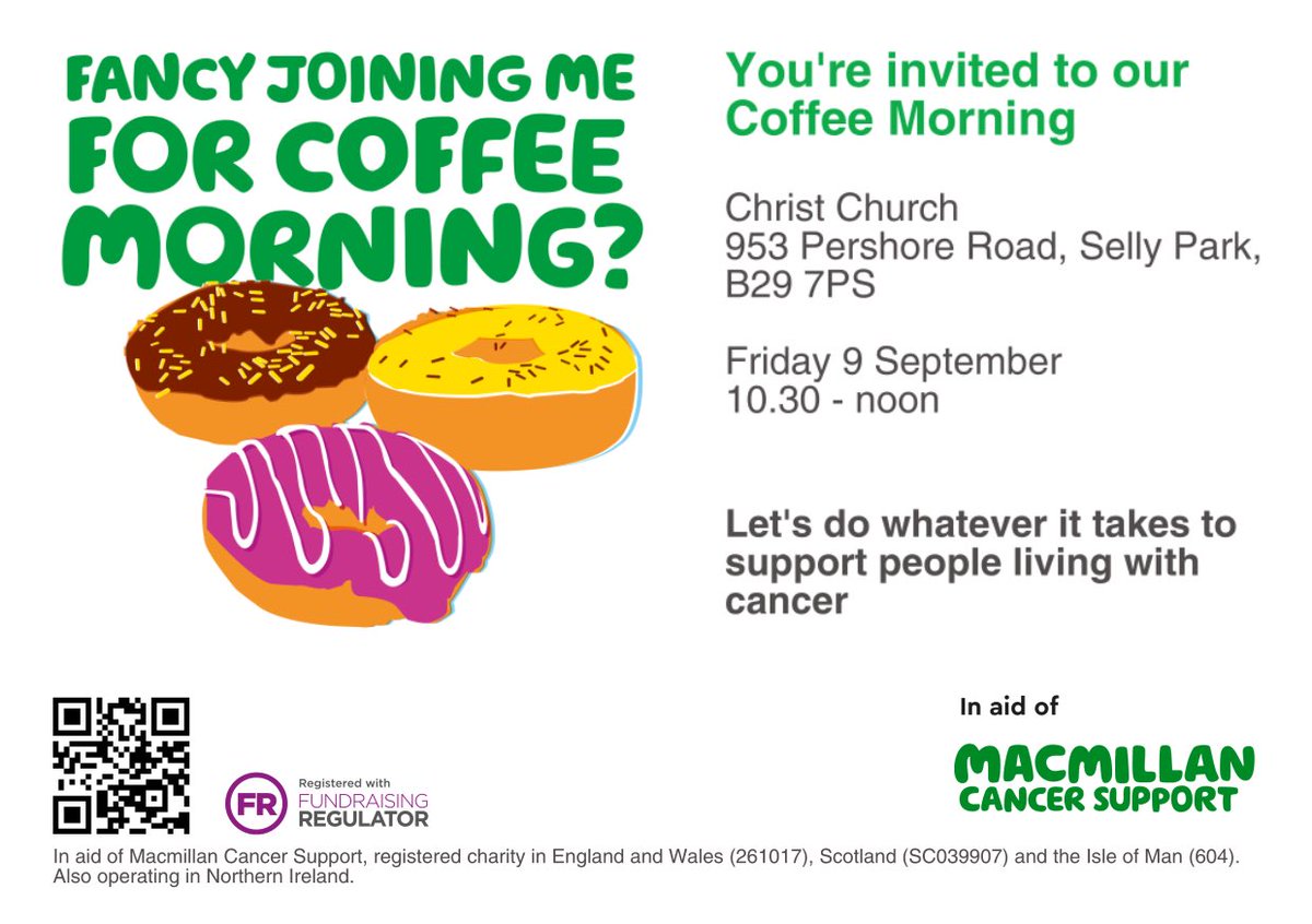 We’re holding a Coffee Morning to fundraise for <a href="/macmillancancer/">Macmillan Cancer Support</a> from 10.30 to noon on Friday morning. Everyone’s welcome to enjoy cakes, teacakes, toast, tea and coffee - and there will be cakes to buy and take home too.