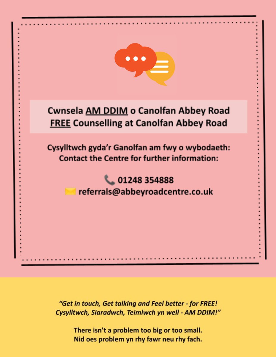 💬 Cofiwch am ein sesiynau Cwnsela AM DDIM!
✨ "Cysylltwch, Siaradwch, Teimlwch yn well!"

💬 Don't  forget that we offer FREE Counselling!
✨ "Get in touch, Get talking, Feel better!"