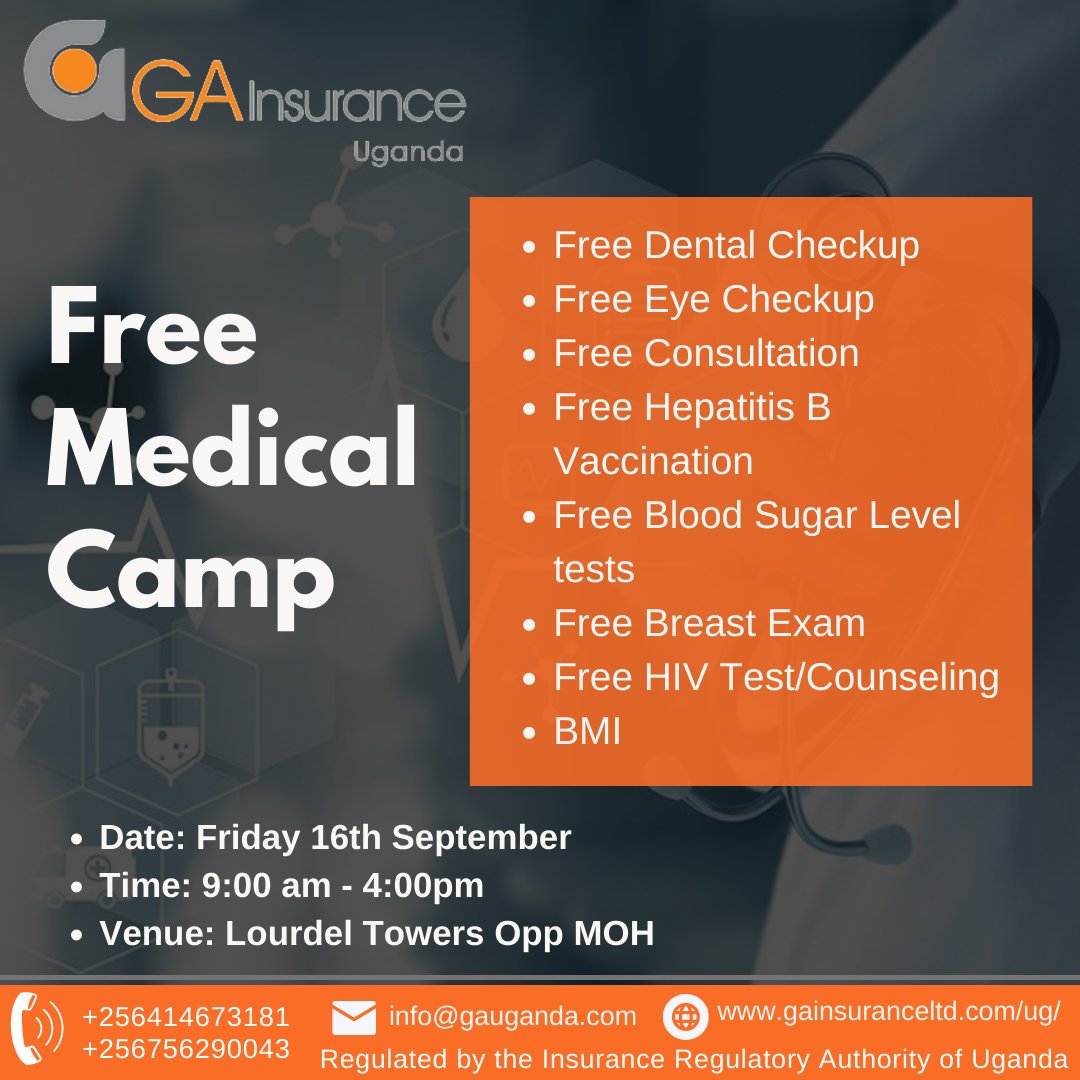 ga_uganda's tweet photo. Join us for a Free Medical Camp scheduled to take place on Friday 16 September at Lourdel towers opposite the ministry of health. 
Among the Services offered are Free Dental checkups, free eye checkups, free hepatitis B vaccination, consultation, etc. 
#GAInsuranceUganda https://t.co/GMuHvAjPTR