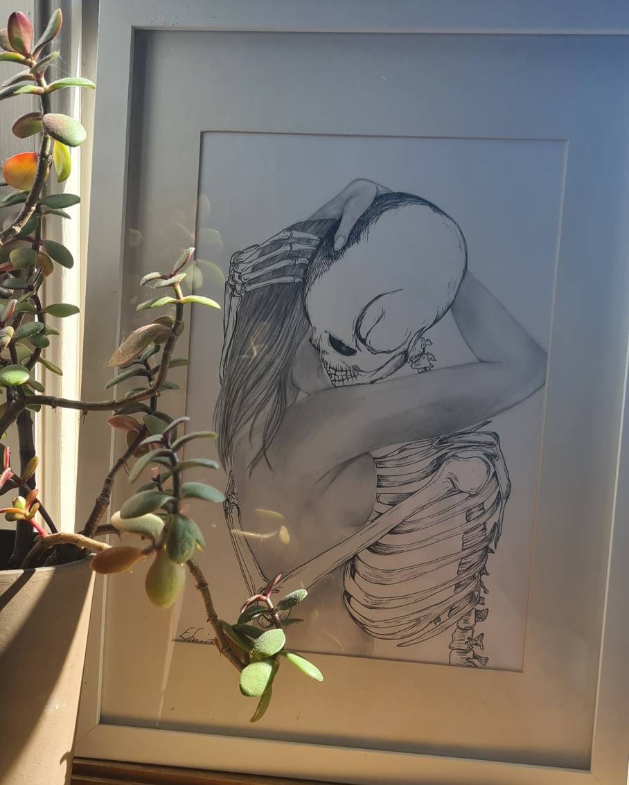 EJS95's tweet photo. Excited to share the latest addition to my #etsy shop: Never Let Go - Skeleton &amp; Body embracing lovingly. Anatomical Drawing. https://t.co/UD6R2FmY9g #black #unframed #horrorgothic #vertical #handdrawn #original #anatomy #skeleton #bones #etsyshop https://t.co/6Q62bZcQ1x