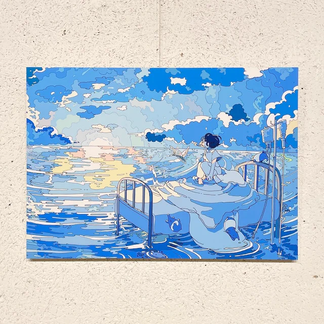 【~9/11複製原画販売中】作品タイトル:夢の中で目が覚めたイラスト制作:2021年ベッドや動物だけ具体的で他がどこかぼんやりしているのは、この子があまり外の世界を見聞きしていないからかもしれません。そんな認知が、夢にイメージとして表れたのかもしれません。 