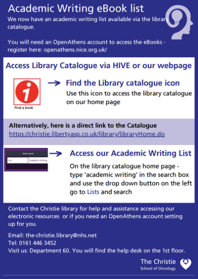 We at The Christie Library have developed a brand new list of Ebooks on the subject of 'Academic Writing' and 'Writing for Publication'. Please share with colleagues who might be interested in this subject. Thank You.