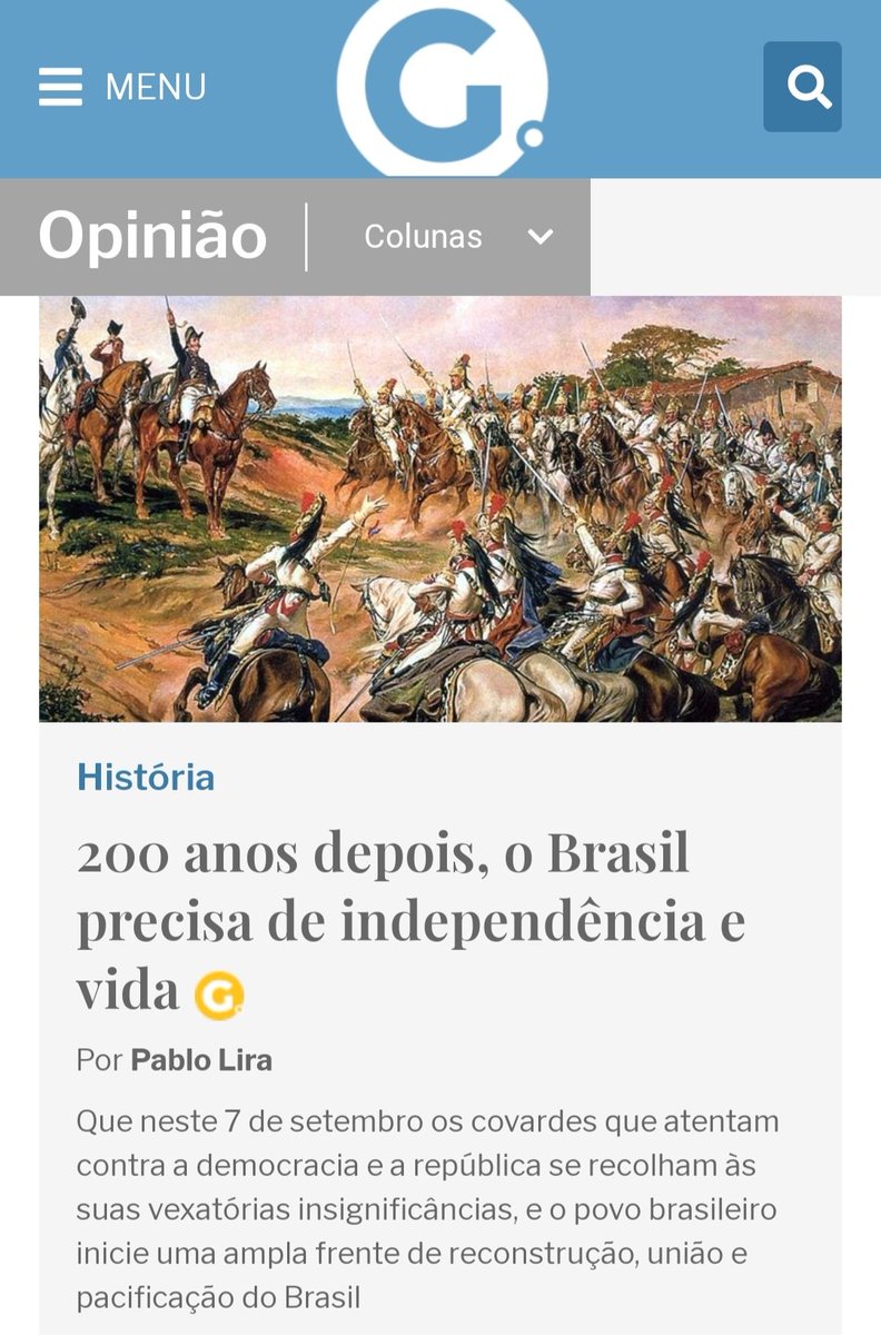 PabloSilvaLira's tweet photo. Artigo da coluna #pablolira em @agazetaes 

🇧🇷 O Brasil precisa de uma virada de página e um renovador “brado retumbante”, dessa vez proferido pelo povo, de “Independência e Vida”. Independência e liberdade da cultura de ódio que se instalou em algumas instâncias do poder.
🧶 https://t.co/L7cuDzEXmS