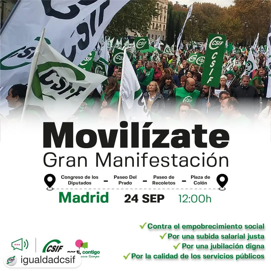 #CSIF convoca a trabajadores/as de toda España y al conjunto de la ciudadanía a una gran manifestación el #24S

La situación es muy incierta por la escalada de los precios y el coste desmesurado de la energía y cesta de la compra.

📢¡Movilízate!