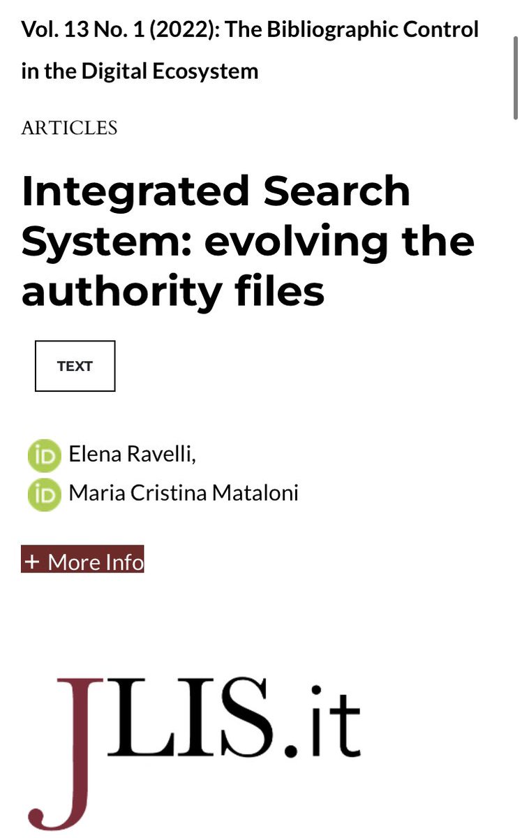 📍E. Ravelli e M.C. Mataloni @iccu2 ➰ Integrated Search System: evolving the authority files 📂 V.13, n.1 2022 JLIS.it jlis.it/index.php/jlis… #sbn #edit16 #mol #alphabetica