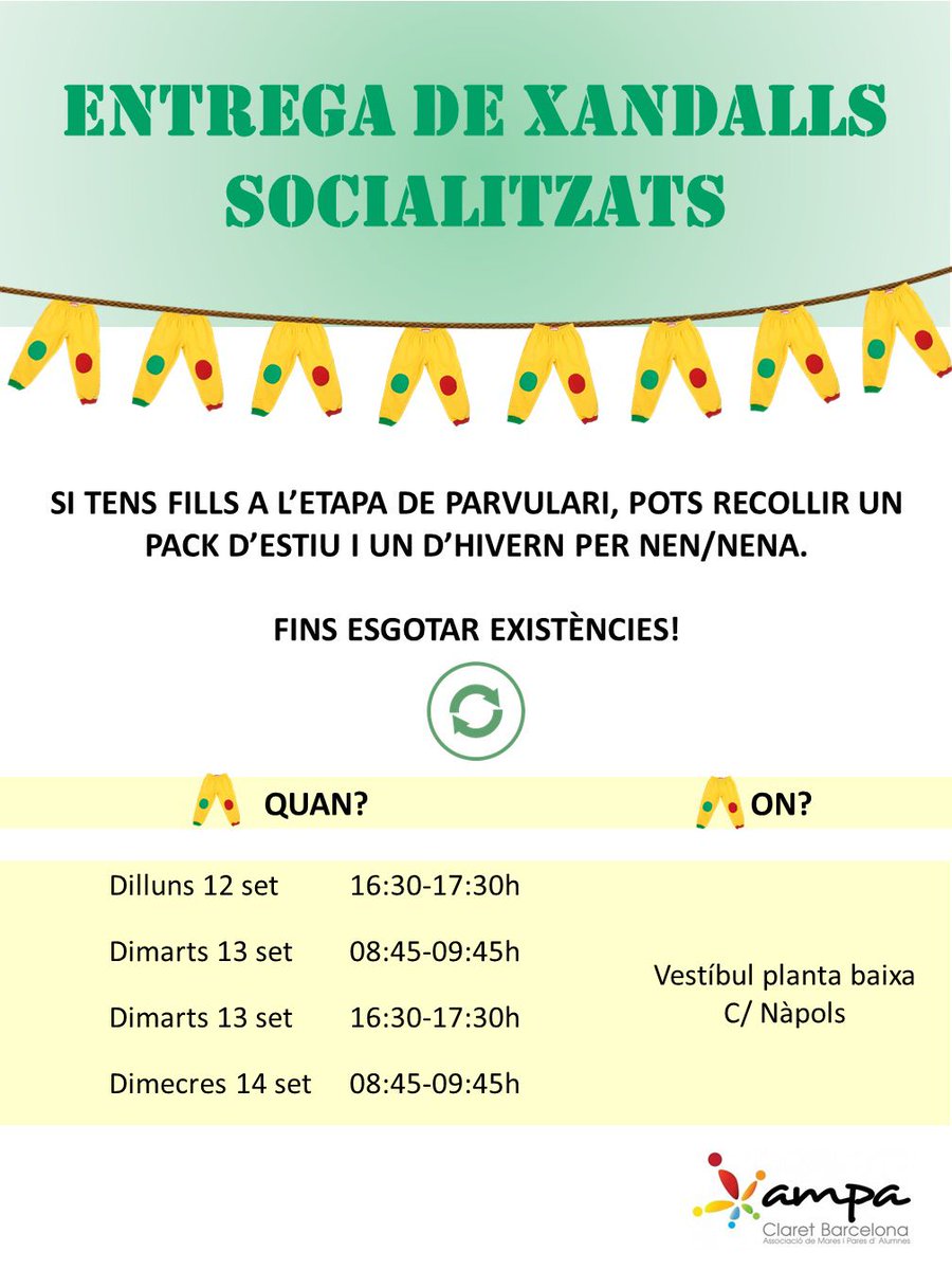 Benvolgudes famílies,
Torna la socialització de xandalls.
Preneu nota dels dies i les hores i passeu a recollir el vostre pack.