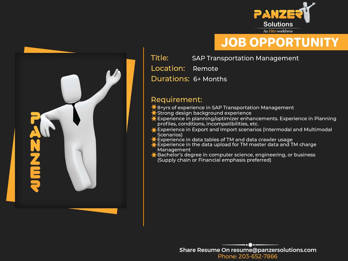 panzersolution's tweet image. Job Title: SAP Transportation Management
Location: Remote
Duration: 6+ Months
Share resumes on resume@panzersolutions.com
Or for more job requirements click on the below link
Click Here: panzersolutions.com/jobopportunuti…
#PanzerSolutions #saptransportationmanagement #SAP #job #jobs