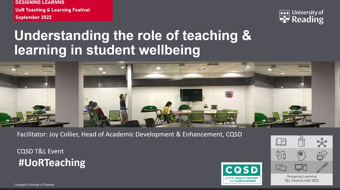 UniRdg_TEL's tweet photo. Second session of our T&L Festival today kicking off: Understanding the role of Y&L in student well-being. What are we doing here @UniofReading? Looking forward to hearing from Cath Langran (Pharmacy), Alexandra Hayward (CQSD) & Rhi Smith (Museums) #UoRTeaching #StudentWellbeing https://t.co/Zrtbun6oxQ