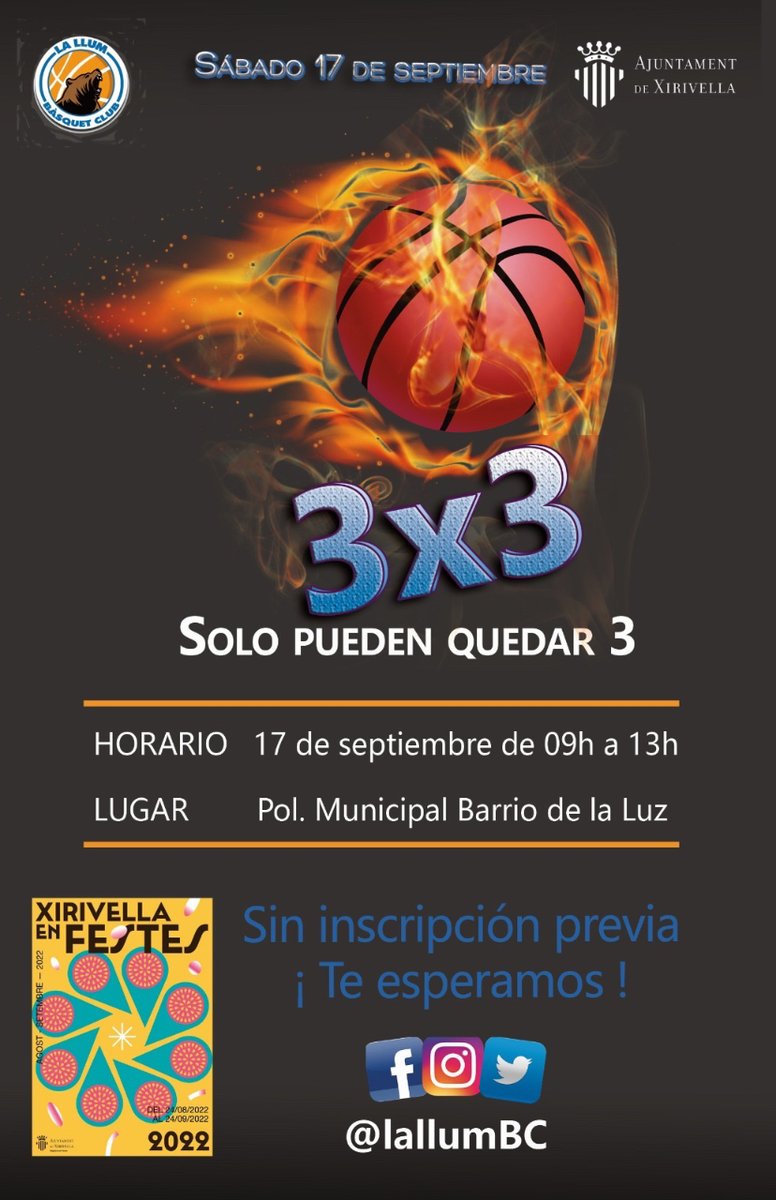 lallumbc's tweet photo. CAS 👉🏻 @lallumbc y @AjXirivella organizan una nueva edición del #3x3XirivellaEnFestes

VAL 👉🏻  La Llum Bàsquet Club - Xirivella y l’ Ajuntamentde Xirivella organitzen una nova edició del #3x3XirivellaEnFestes

PD: No os preocupéis, que lo mejor está por venir…👀 https://t.co/jWrcx3Z4KB