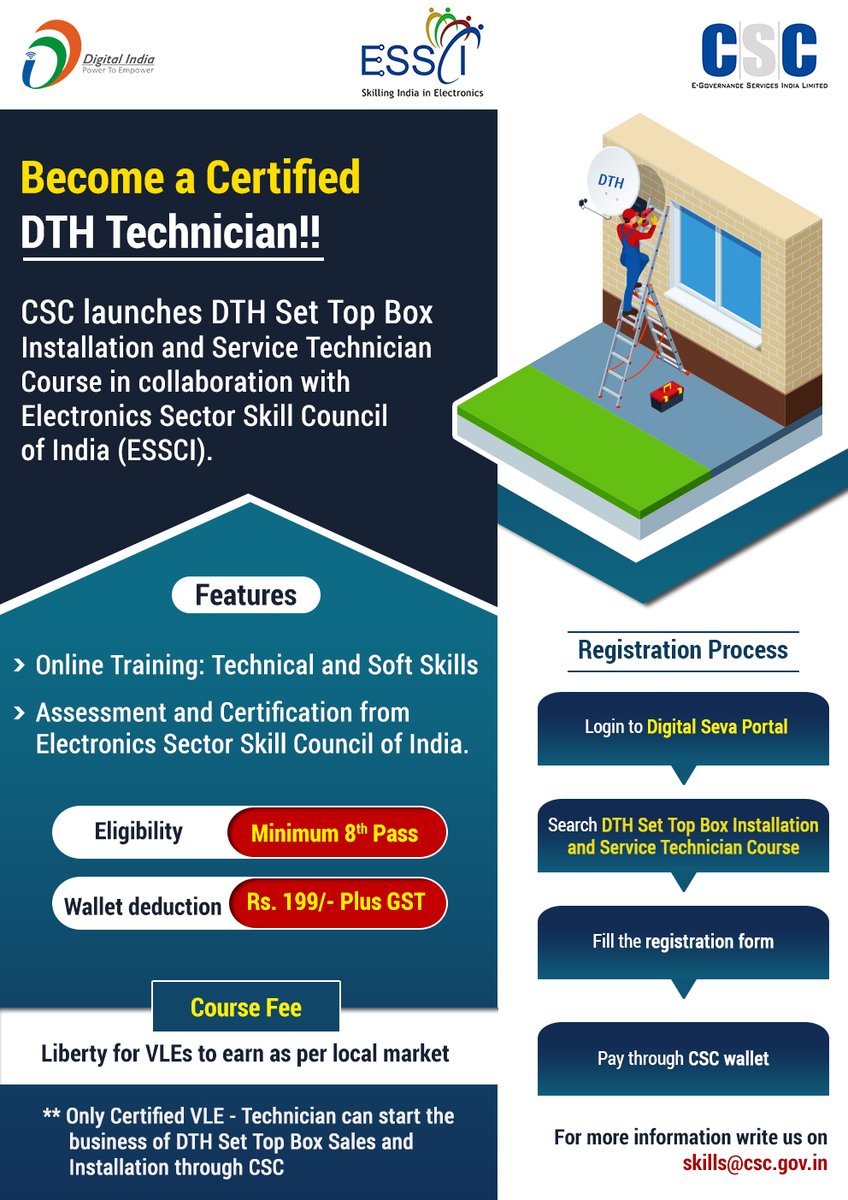 CSCegov_'s tweet photo. Become a Certified DTH Technician!!

CSC launches DTH Set Top Box Installation and Service Technician Course in collaboration with the Electronics Sector Skill Council of India (ESSCI).

For more information write us on skills@csc.gov.in...

#CSC #DigitalIndia #CSCAcademy #DTHBox https://t.co/3vWPcbZPmC