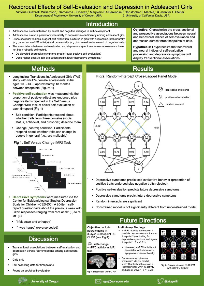 vicgwilli's tweet image. Find me at #flux2022 poster 1-B-62 to learn about Reciprocal Effects of Self-Evaluation and Depression in Adolescent Girls. Looking forward to seeing everyone!!  🤗