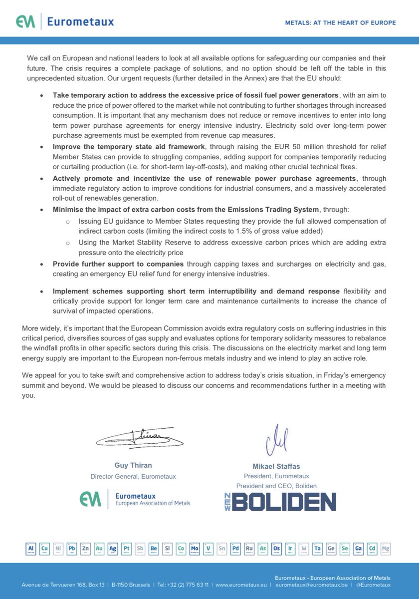 <a href="/vonderleyen/">Ursula von der Leyen</a> <a href="/EU_Commission/">European Commission</a> In a combined letter, more than 30 CEOs of European metal groups announce of an “existential threat” to the industry due to sky-high gas and electricity prices

“50% of the EU’s aluminium and zinc capacity has already been compelled offline due to the energy crisis”