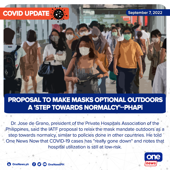 onenewsph's tweet photo. "Step towards normalcy"
Private Hospitals Association of the Philippines president Dr. Jose de Grano tells #OneNewsNow that the proposal to relax the mask mandate outdoors as a step towards policy, noting similar policies in neighboring countries. https://t.co/odOIwy2bJN