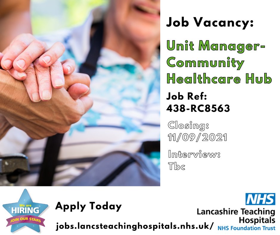 LancsHospJobs's tweet photo. Job Vacancy: Unit Manager - Community Healthcare Hub @LancsHospitals
⏰ Closes: 11/09/2022
Discover more and apply: https://t.co/dVPqdJa23p
#NHS #NHSjobs #Lancashire #LancashireJobs #UnitManager #Band7 #Community #healthcare https://t.co/DMarsbAVEp