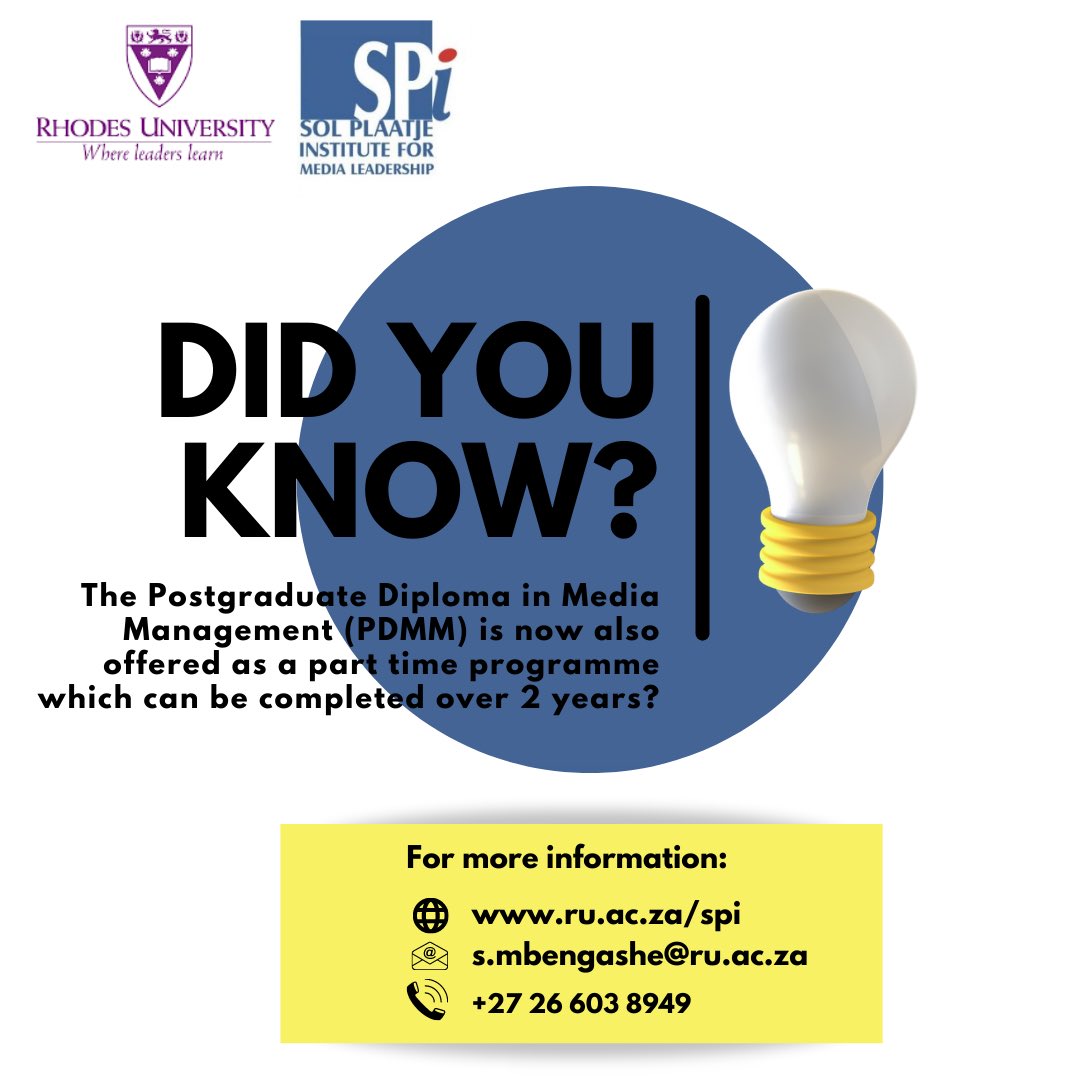 SolPlaatje's tweet photo. Visit our website https://t.co/PJxsQiqHLr to find out how to apply for the Postgraduate Diploma in Media Management. 

#Studying #postgraduatestudies #RhodesUniversity https://t.co/wKpLw13BsV