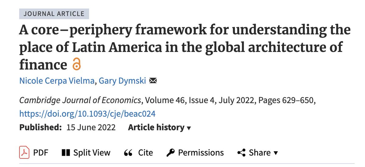 Carolina Alves (@cacrisalves) on Twitter photo Paper 1 by <a href="/nicolecerpa/">Nicole Cerpa Vielma</a> & <a href="/GADymski/">Gary Dymski</a> shows how the Latam financial structure becomes embedded in a 3-level hierarchical global system (periphery, national centre and global), w/ global US-dollar funding markets at the centre (Dow & Chick’s framework!). 🔥
academic.oup.com/cje/article/46… Paper 1 by <a href="/nicolecerpa/">Nicole Cerpa Vielma</a> & <a href="/GADymski/">Gary Dymski</a> shows how the Latam financial structure becomes embedded in a 3-level hierarchical global system (periphery, national centre and global), w/ global US-dollar funding markets at the centre (Dow & Chick’s framework!). 🔥
academic.oup.com/cje/article/46…