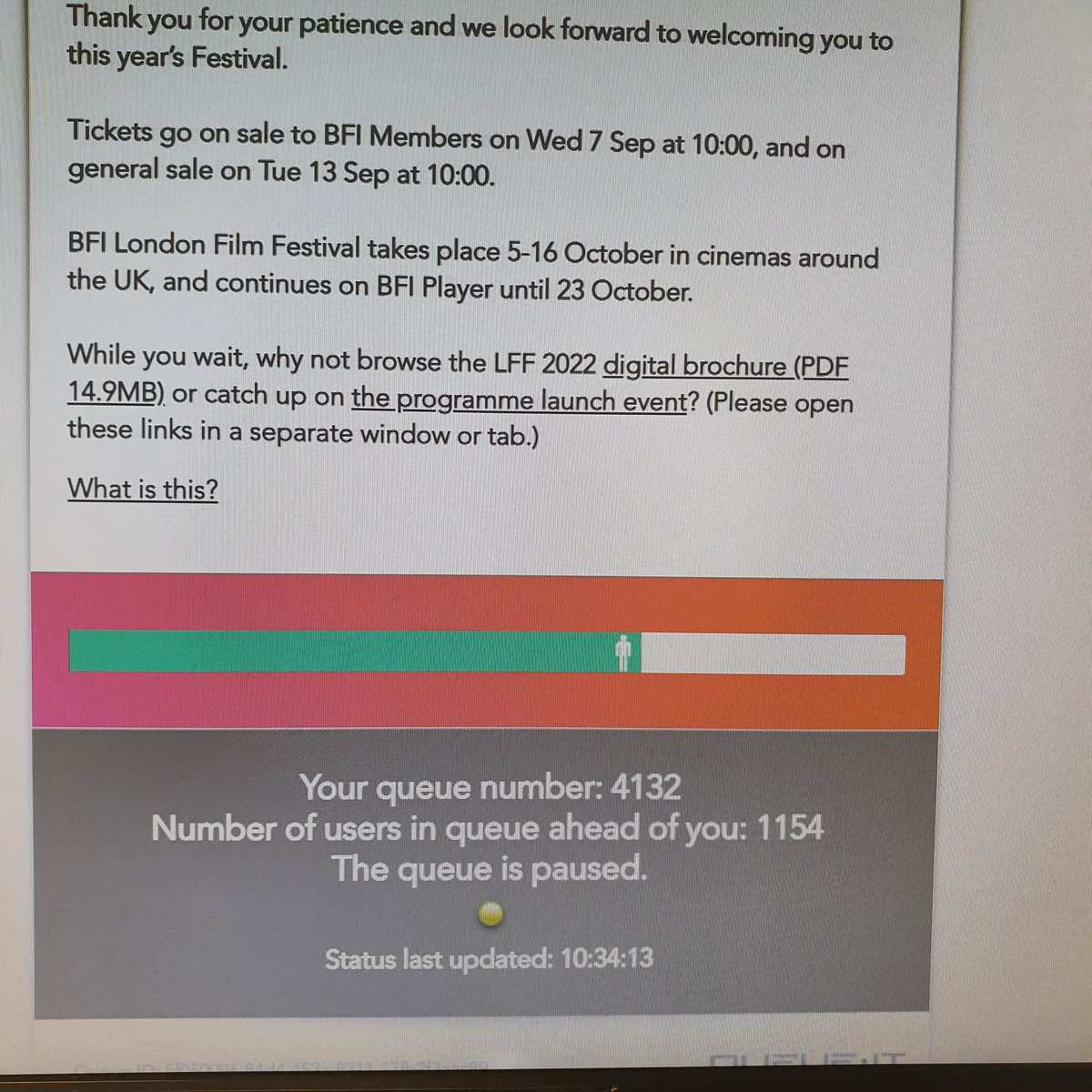 Verity_Lamb's tweet photo. I was there bang on 10am @BFI  actually  got down to 5mins before  being put back an hour! Feeling I won't be seeing what K want at #LFF2022 https://t.co/dR9XdnIJoc