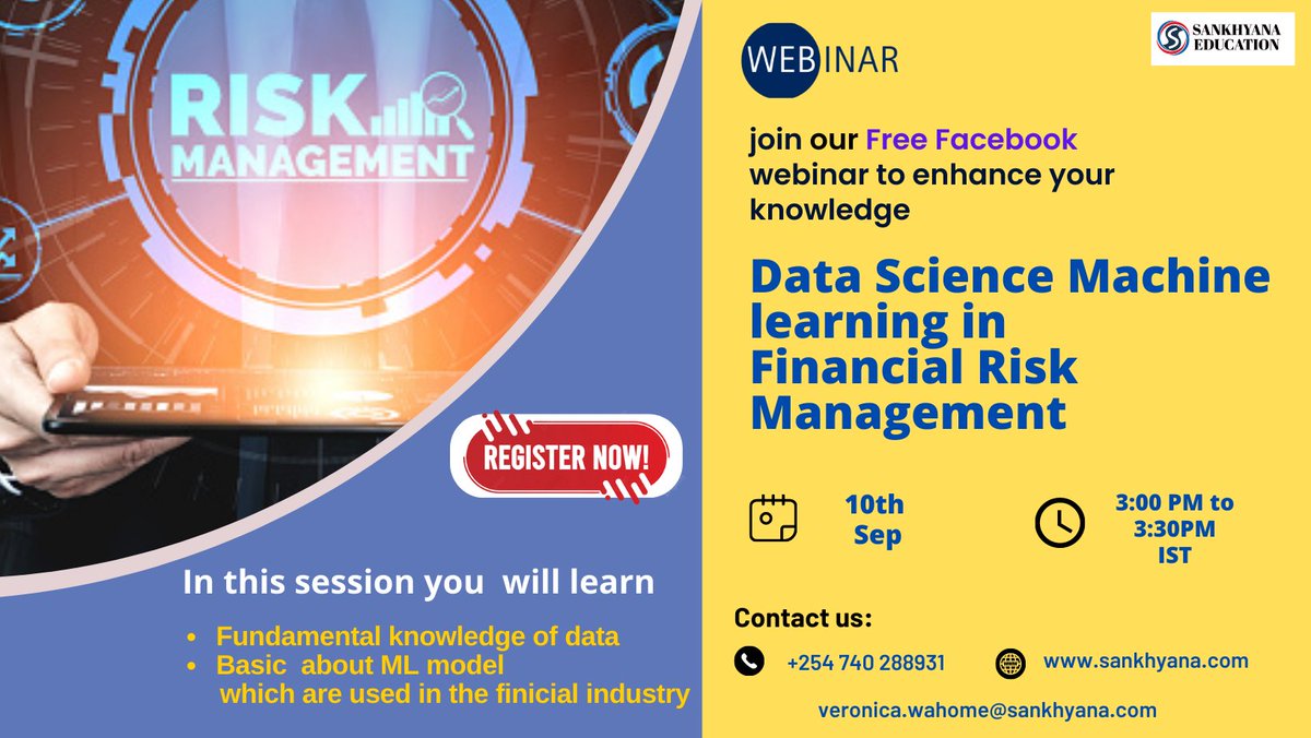 SankhyanaK's tweet photo. Register here:-https://t.co/mJJqLscqwP
#data #webinar #machinelearning #datasciencetraining #facebookmarketing #riskmanagementframework #riskmanagementconsulting #ml #datascien #datascience #facebook #riskmanagement #sankhyanaEducation #saasmarketing #education #training https://t.co/cMhEqiZrpo