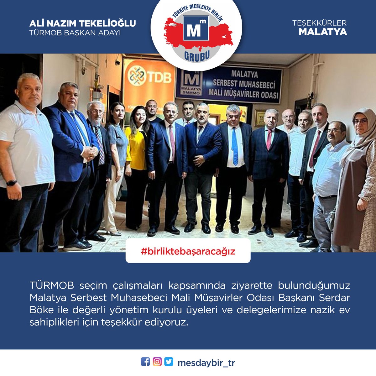 TÜRMOB seçim çalışmaları kapsamında ziyarette bulunduğumuz Malatya Serbest Muhasebeci Mali Müşavirler Odası Başkanı Serdar Böke ile değerli yönetim kurulu üyeleri ve delegelerimize nazik ev sahiplikleri için teşekkür ediyoruz.
#TÜRMOB #SMMM #malatya #malatyaymmo