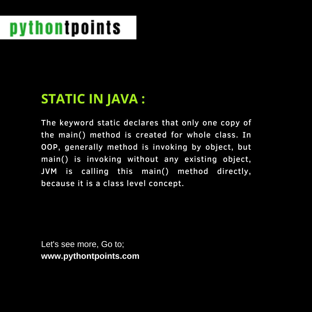 pythontpoint's tweet photo. What is Static in Java ??
Learn with https://t.co/aky86yYzTo
#learning #learnfree #educatewithus #learnpythonfree #pythontpoints #SoftwareCourses #education #educational #javatutorial #freetutorial #courses #learnfreewithus #learnjava #javafreetutorial https://t.co/KvfBughxNc