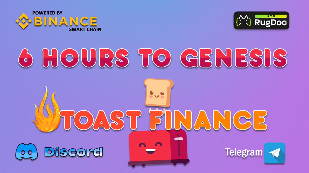 FinanceToast's tweet photo. Just 6 hours left to go till launch!π
Who's excited! π
#toastfinance #toast #tombfork #defi #BinanceSmartChain #BNBβ―β―β― #DAI #DIBS #ETH #USDEX #AMES #EMP #BSCGems #Crypto https://t.co/0fASC58BQA