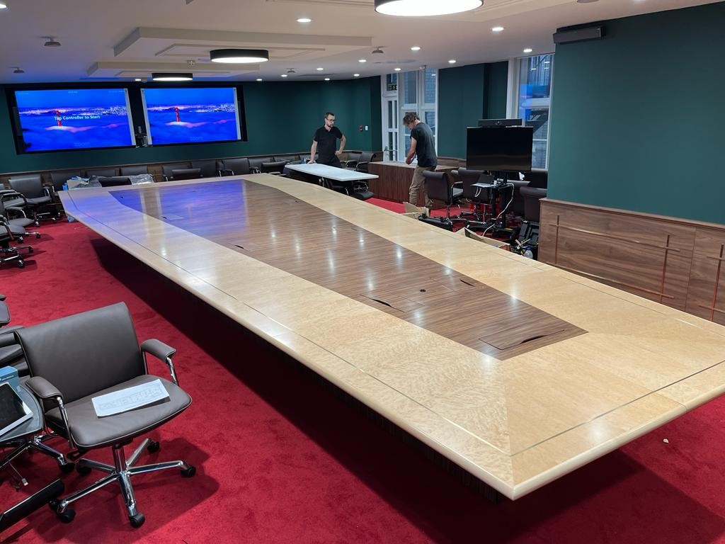 eborcraft's tweet photo. This beautiful table has been made by our skilled craftsmen,  made up of twelve sections its finished in Walnut, Birds Eye Maple and complimented by a brass inlay.  The table was handfinished with PU laquer.   The project nearing its completion is in London's Covent Garden. https://t.co/J9WCkKxPgq