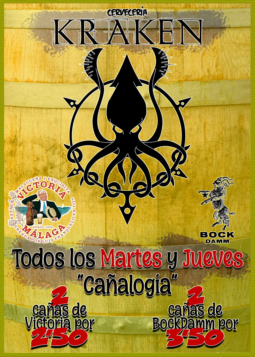 Como sois buenxs pulpillxs, otra de las novedades que os traemos es que, todos los martes y jueves de la semana, tendremos la "Cañalogía". Dos cañas de Victoria por 2'5€, o dos cañas de BockDamm por 3'5€!
Tiramos el calamar por la ventana!!! 🦑