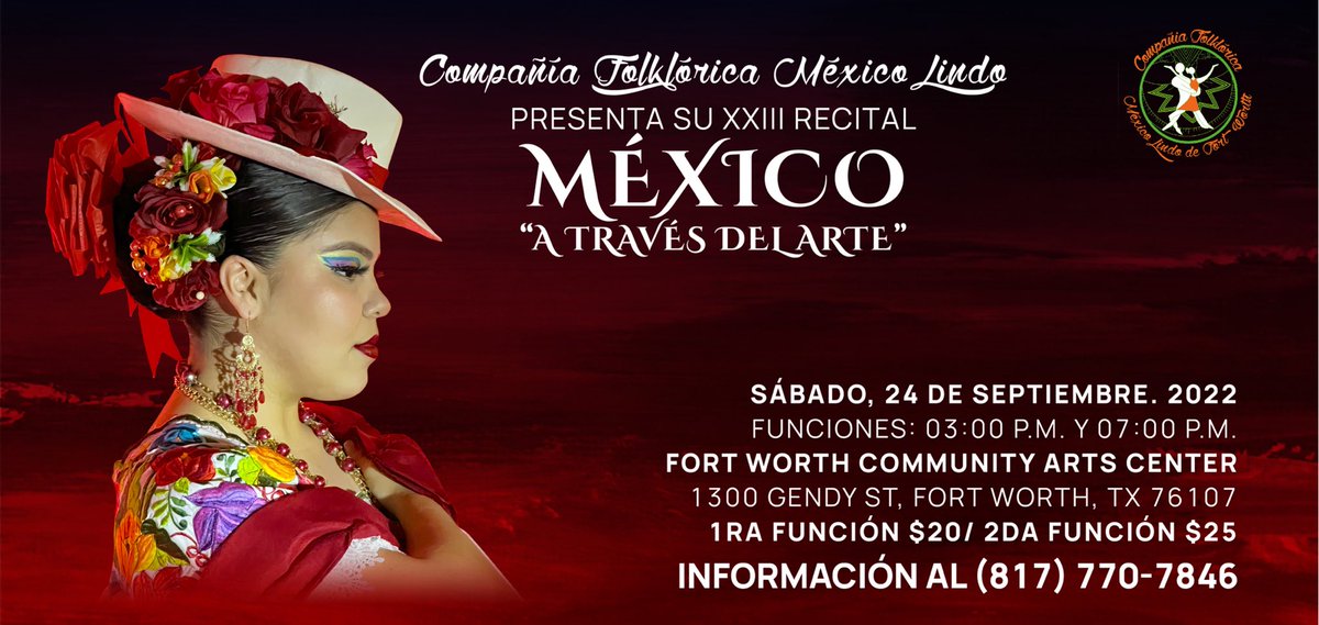 CFMexicoLindo's tweet photo. La Compañía Folklórica México Lindo Fw los invita a su recital de folklore Mexicano de este año, titulado MÉXICO A TRAVÉS DEL ARTE, esté 24 de Septiembre del año en curso, esperamos contar con su presencia. Apóyanos comprando tu ticket.Informes al 8177707846 https://t.co/sPwZjvErcE