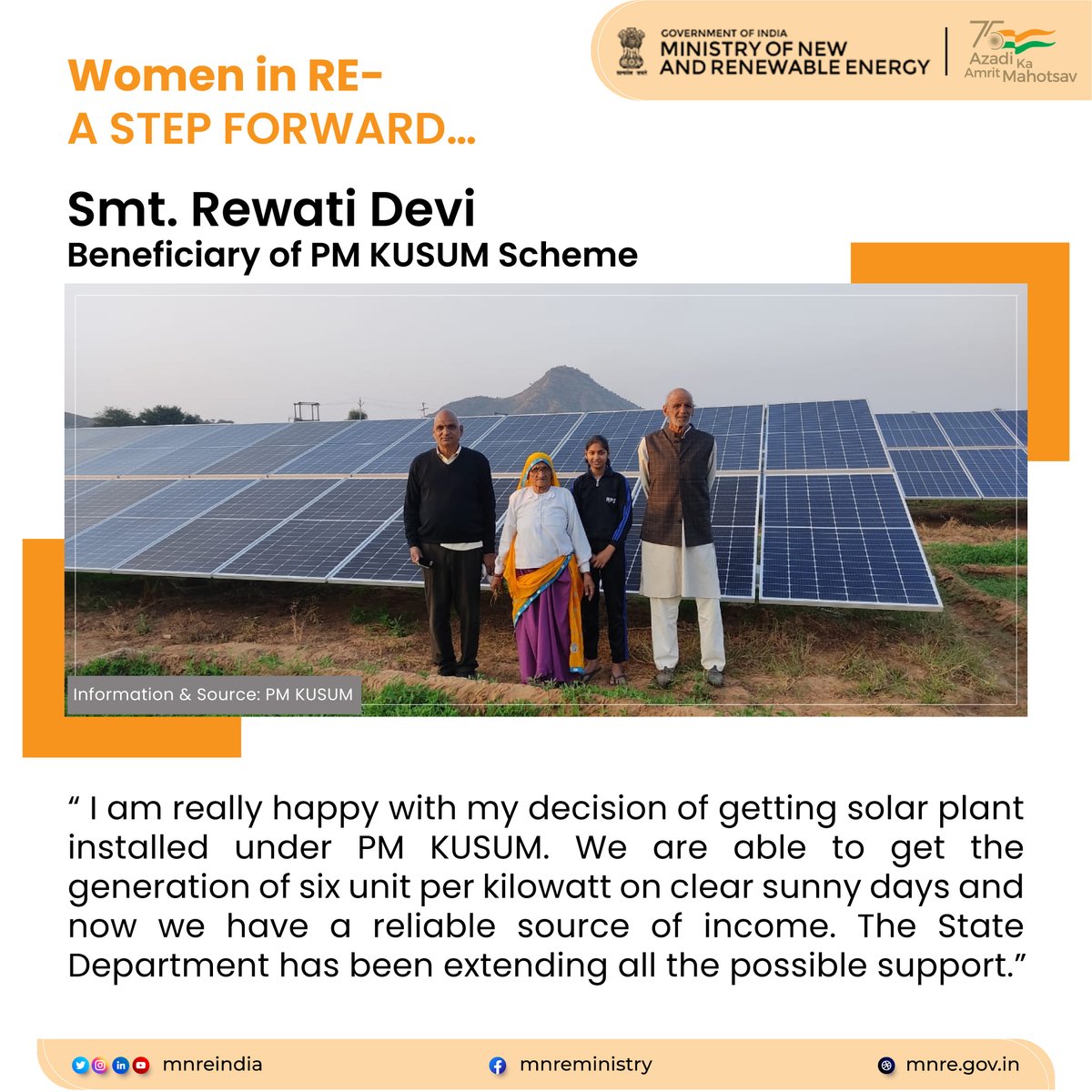 mnreindia's tweet photo. This is a success story of a women who got benefits from Component A of PM Kusum by setting up decentralised small solar power plant.
#AmritMahotsav #akshayurja #PMKUSUM #womeninrenewable #renewables #MNRE https://t.co/OeK4Kz8N7N