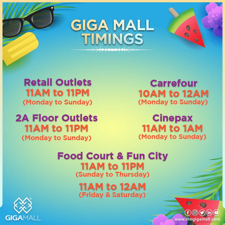 TheGigaMall's tweet photo. Giga Mall Timings Update!
Keep following us for updates.
#gigamall #gigagroup #gigamalltimings #shoppingmall #shopping #Islamabad #newtimings #timings #updatedtimings #malltimings #adventure #lifeatFunCity #GigaMall #rawalpindi #WTCPAK https://t.co/VyRbewqvv4