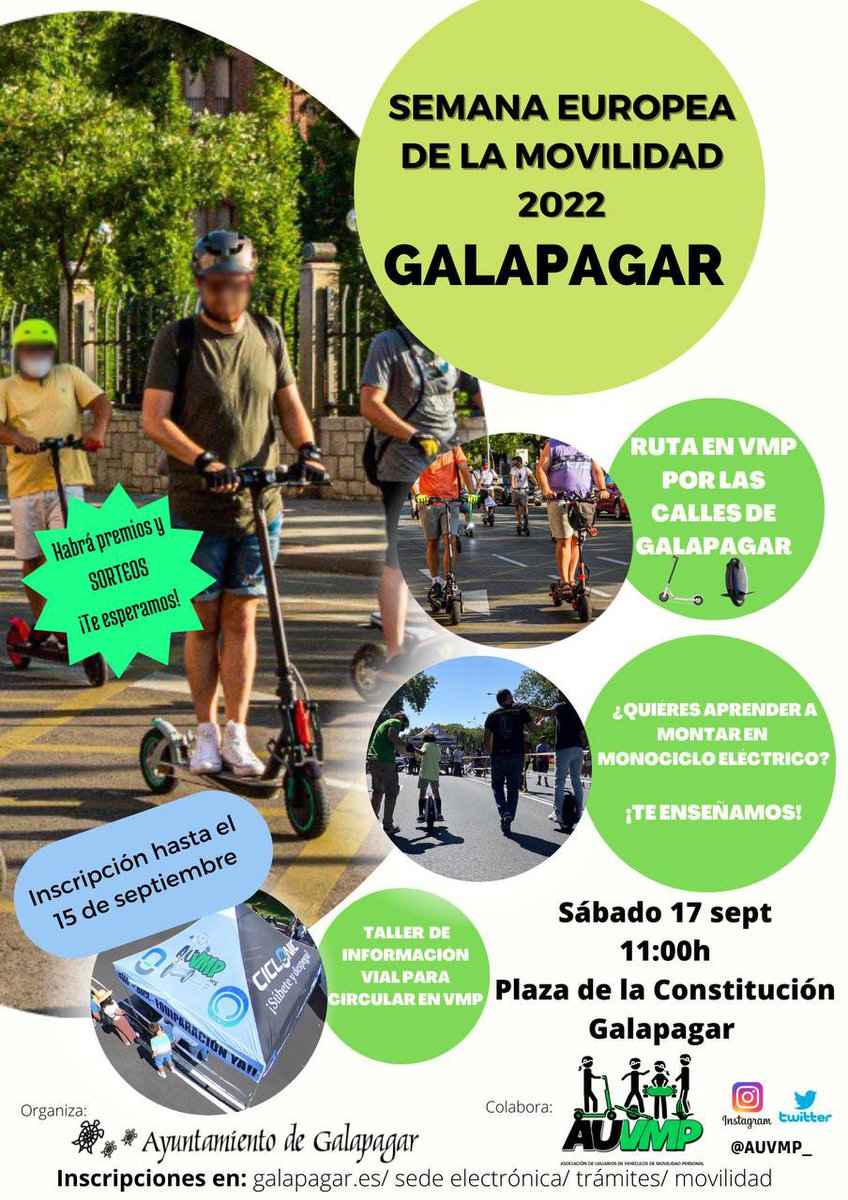 Primer evento de AUVMP en la Semana Europea de la Movilidad 2022.

📆 Sábado 17 Septiembre 11:00h

📍 Plaza de la Constitución  
      GALAPAGAR

🎉 Habrá regalos y sorteos!!

Inscripciones hasta el 15 de septiembre en este enlace:

sede.galapagar.es/GDCarpetaCiuda…

<a href="/AytoGalapagar/">Ayuntamiento de Galapagar</a> #SEM