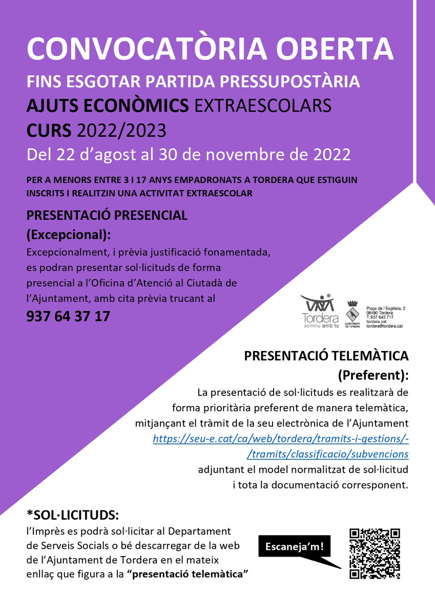 ☀️Bon dimecres! 

🗣La regidoria de Serveis Socials recorda que està oberta la convocatòria per a la concessió d'ajuts econòmics per a l'assistència a activitats extraescolars, adreçada a alumnes empadronats a #Tordera per al curs 2022-23

ℹ️tordera.cat/document.php?i…

#TorderaEduca